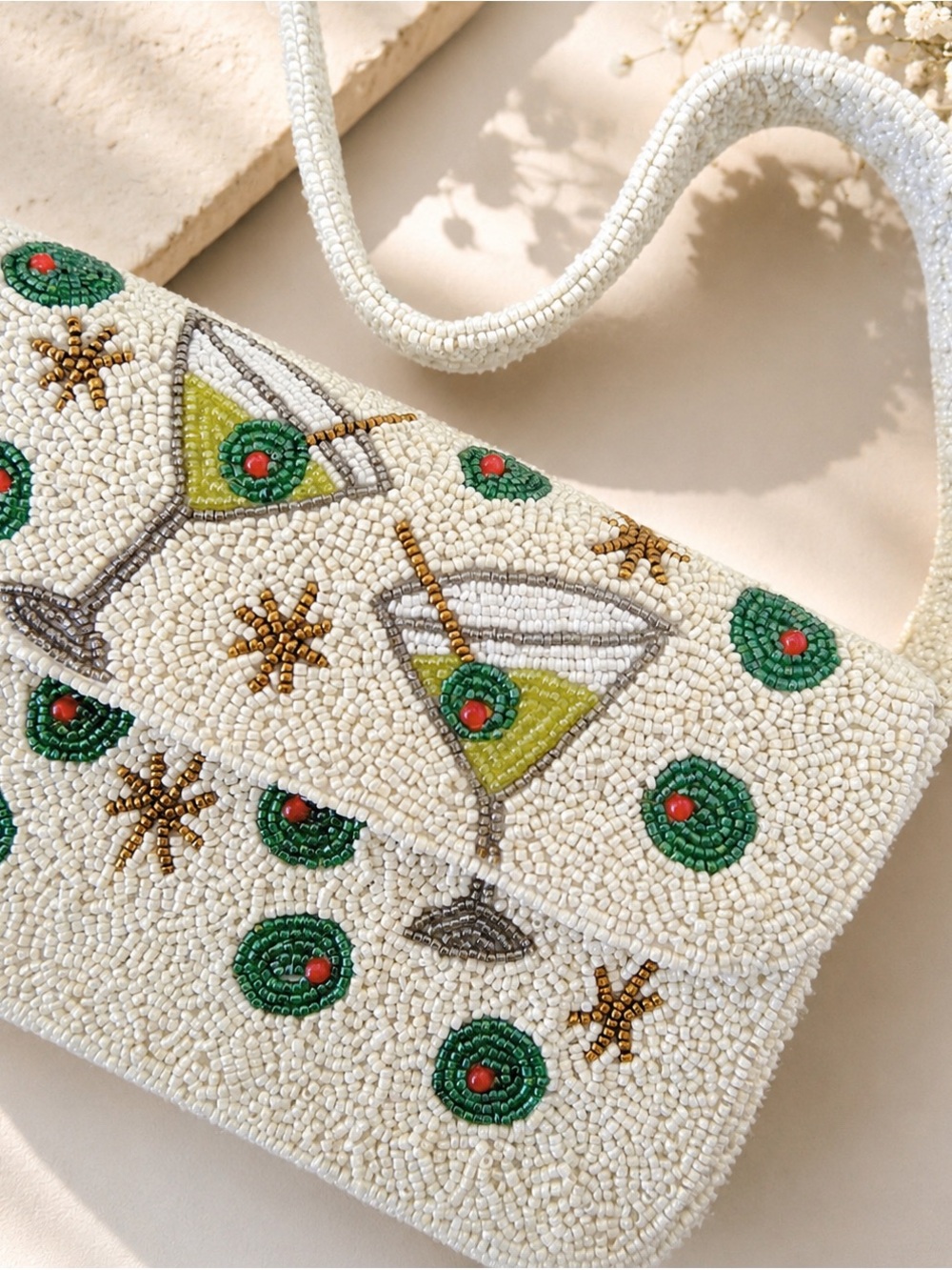 Beaded Martini Clutch Bag in Cream, Green & Gold
